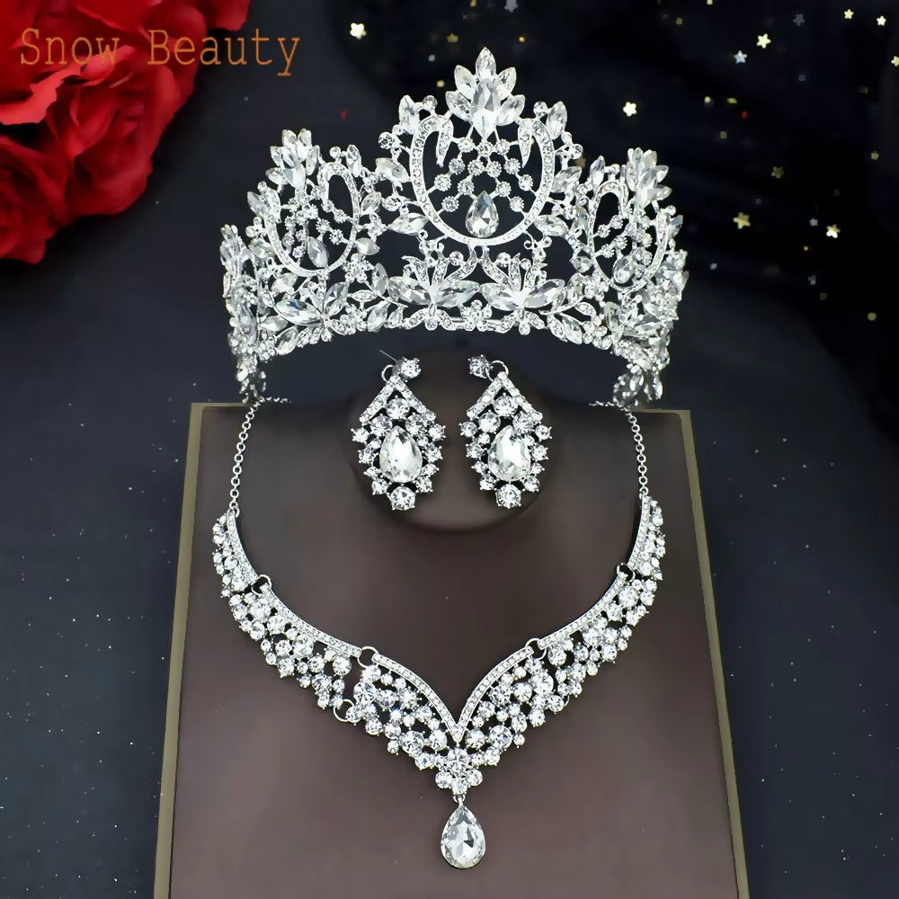 A247 Luxury Bridal Headwear Rhinestone Tiara Pageant Brithday Crowns Wedding Headpiece Alloy Women Earring Necklace Jewelry Sets