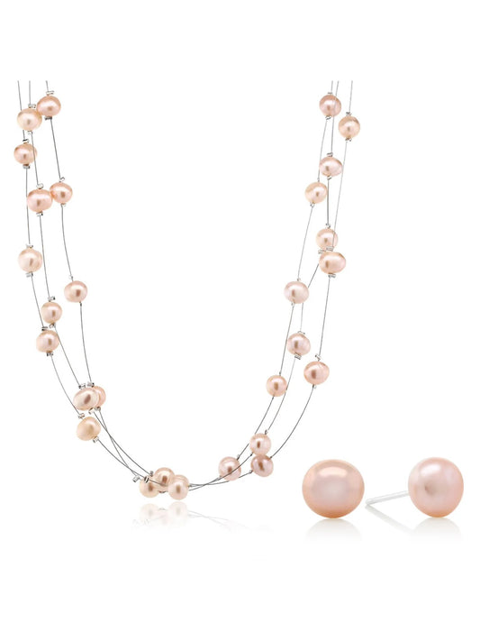 3-Row 7-8Mm Pink Cultured Freshwater Pearl Necklace Earrings Set 18 Inch