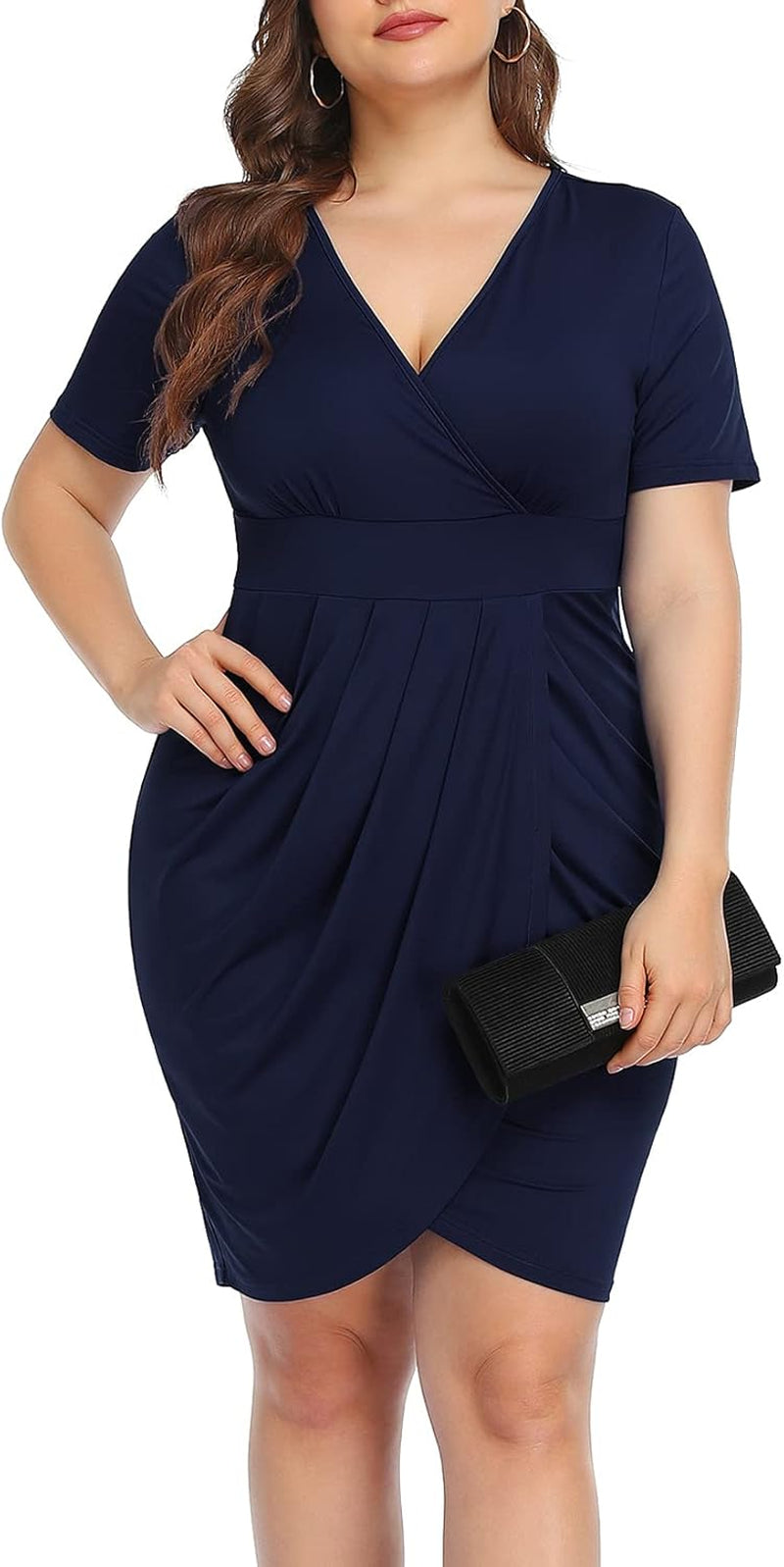 Plus Size Women's Short Sleeve Deep V-Neck Bodycon Wrap Dress with Front Slit