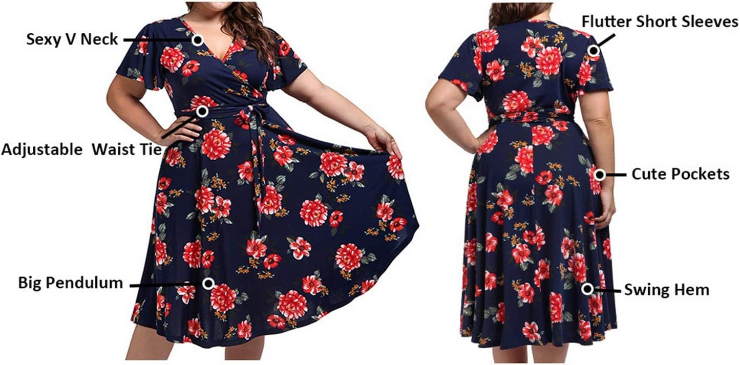 Plus Size Women's V-Neck Floral Midi Dress with Pockets for Cocktail Parties