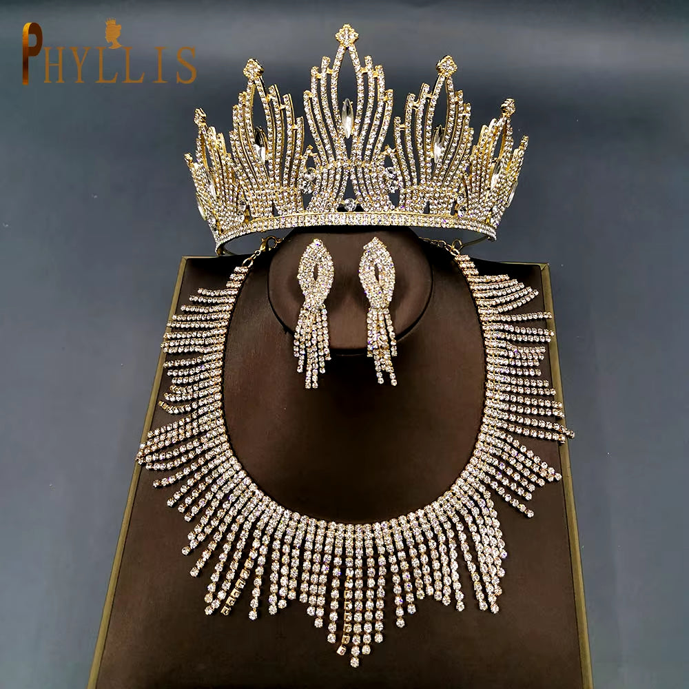 A247 Luxury Bridal Headwear Rhinestone Tiara Pageant Brithday Crowns Wedding Headpiece Alloy Women Earring Necklace Jewelry Sets