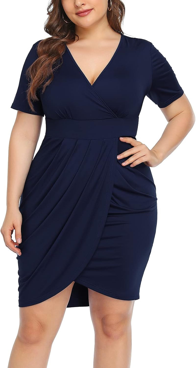 Plus Size Women's Short Sleeve Deep V-Neck Bodycon Wrap Dress with Front Slit