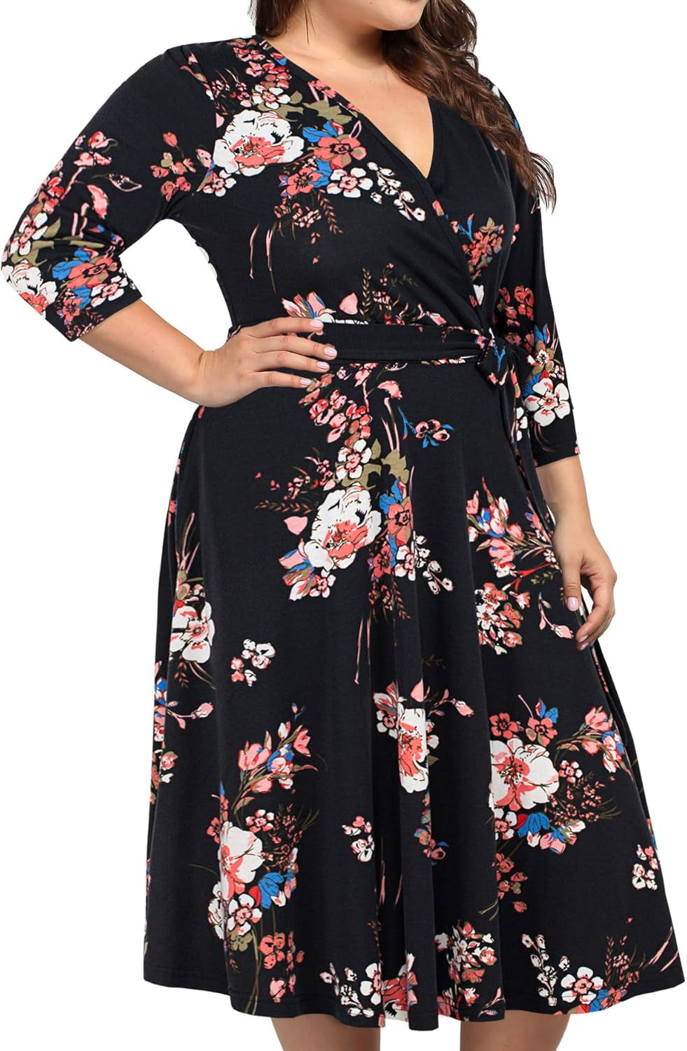 Plus Size Women's V-Neck Floral Midi Dress with Pockets for Cocktail Parties