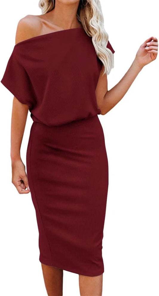 Women'S 2024 Summer Dress off the Shoulder Short Sleeve Ribbed Casual Party Bodycon Midi Dresses