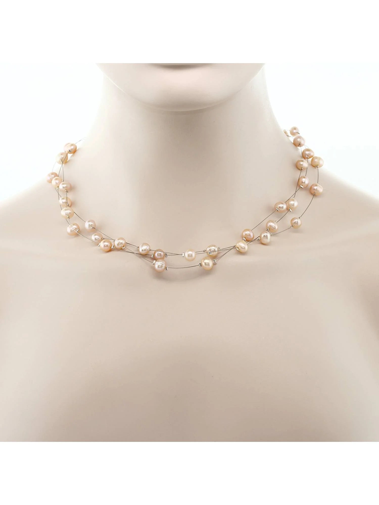 3-Row 7-8Mm Pink Cultured Freshwater Pearl Necklace Earrings Set 18 Inch