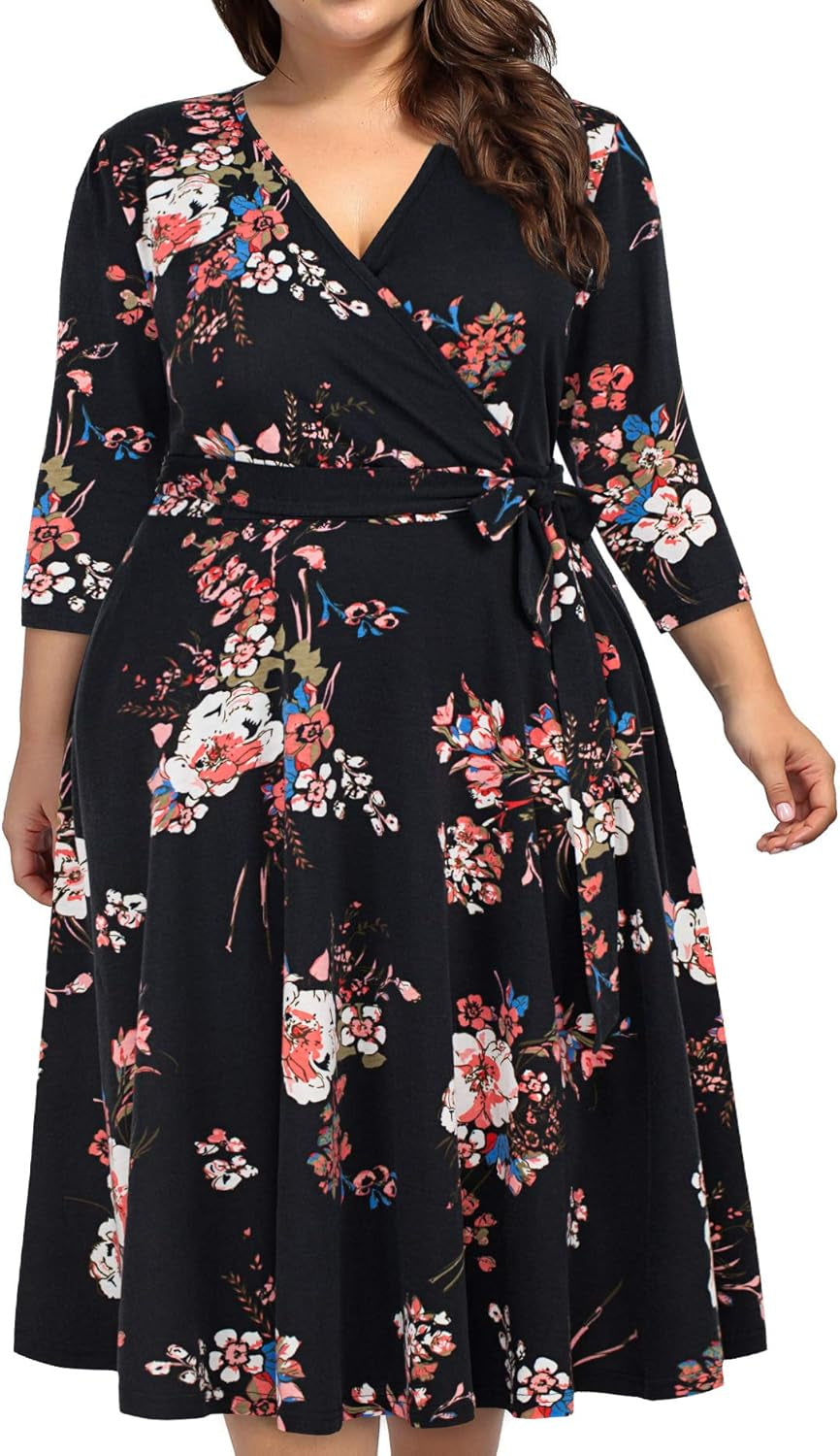 Plus Size Women's V-Neck Floral Midi Dress with Pockets for Cocktail Parties