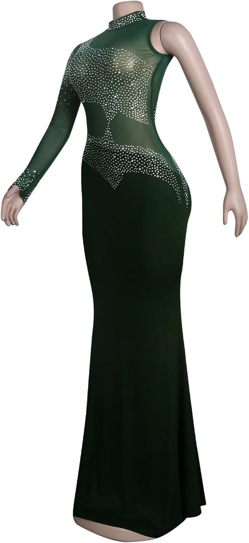 Women's Elegant Sheer Mesh Bodycon Maxi Dress with Glitter Rhinestones