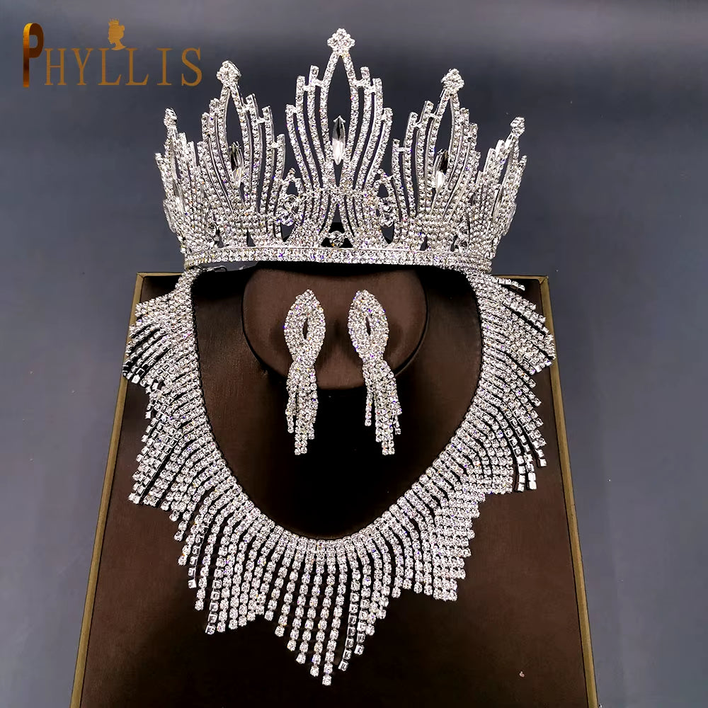 A247 Luxury Bridal Headwear Rhinestone Tiara Pageant Brithday Crowns Wedding Headpiece Alloy Women Earring Necklace Jewelry Sets