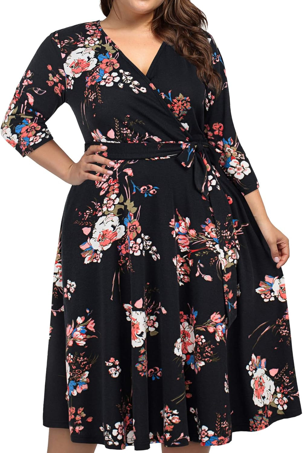 Plus Size Women's V-Neck Floral Midi Dress with Pockets for Cocktail Parties