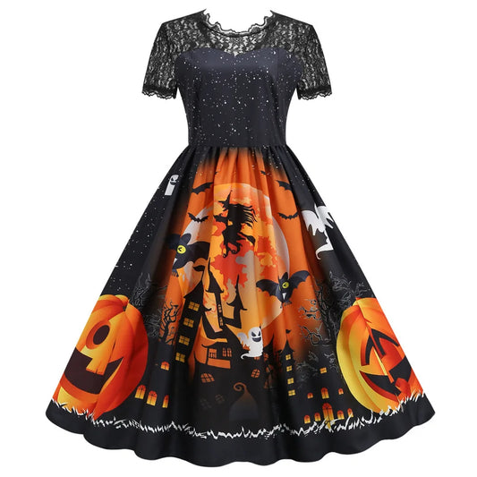 Lace Retro Halloween Dress Women Costumes Short Sleeve 50S 60S Vintage Party Dresses Skull Witch Scary Holloween Clothes Cosplay