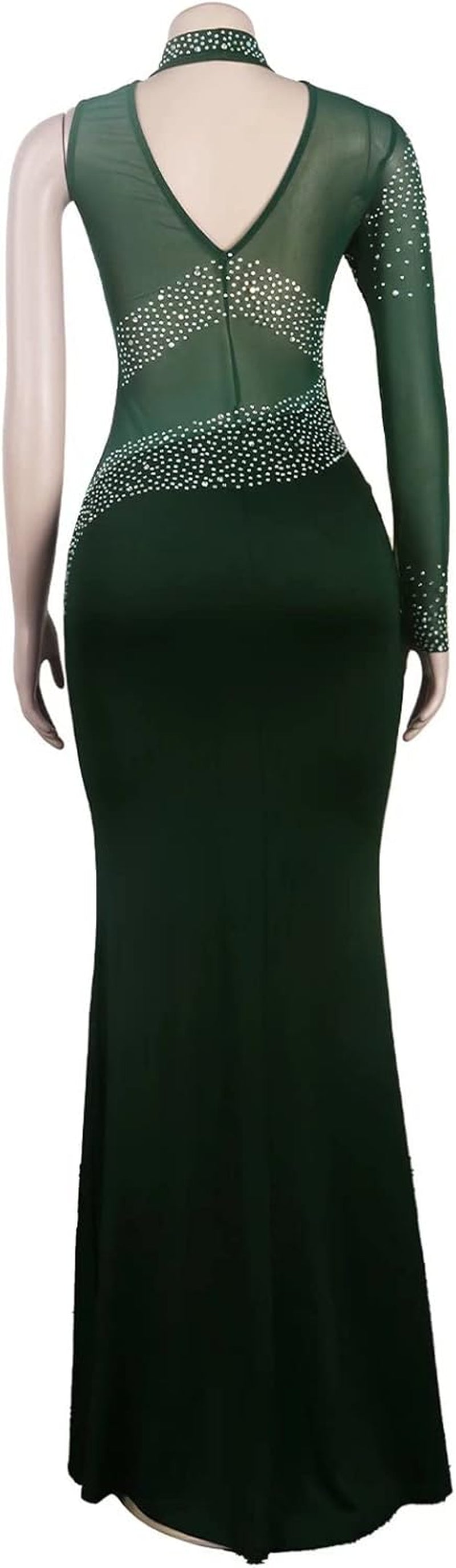 Women's Elegant Sheer Mesh Bodycon Maxi Dress with Glitter Rhinestones