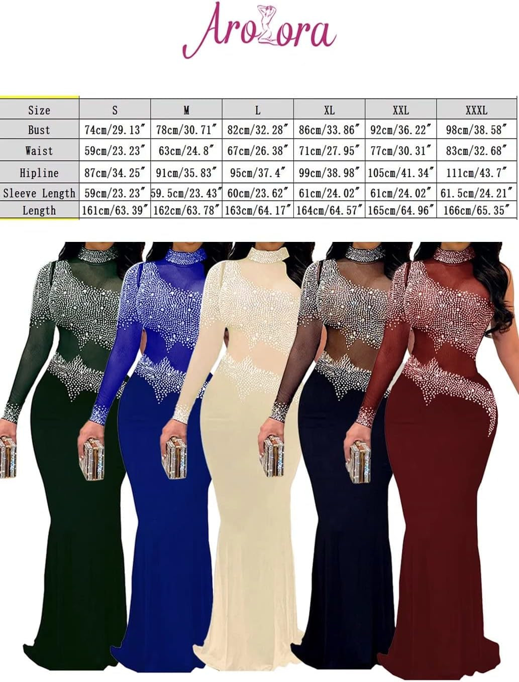 Women's Elegant Sheer Mesh Bodycon Maxi Dress with Glitter Rhinestones