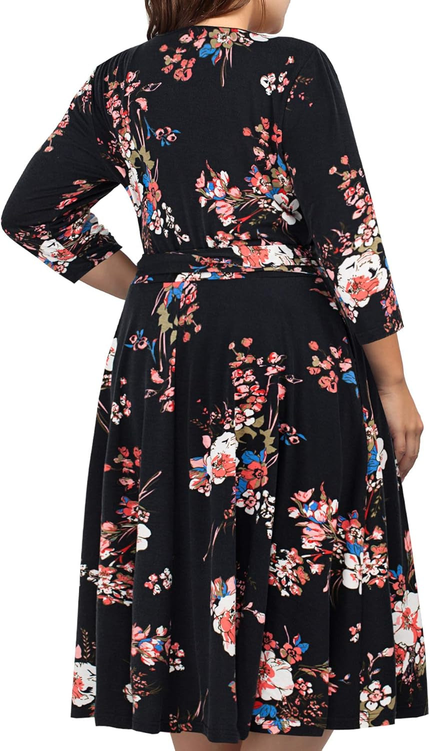 Plus Size Women's V-Neck Floral Midi Dress with Pockets for Cocktail Parties