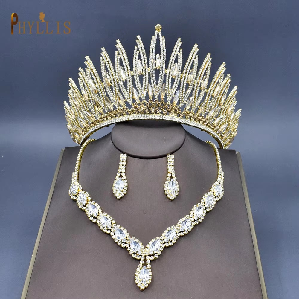 A247 Luxury Bridal Headwear Rhinestone Tiara Pageant Brithday Crowns Wedding Headpiece Alloy Women Earring Necklace Jewelry Sets